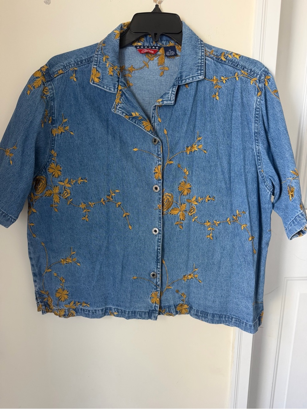 Vintage Embroidered Blue Denim Button-Up Shirt with Mustard Floral Detail